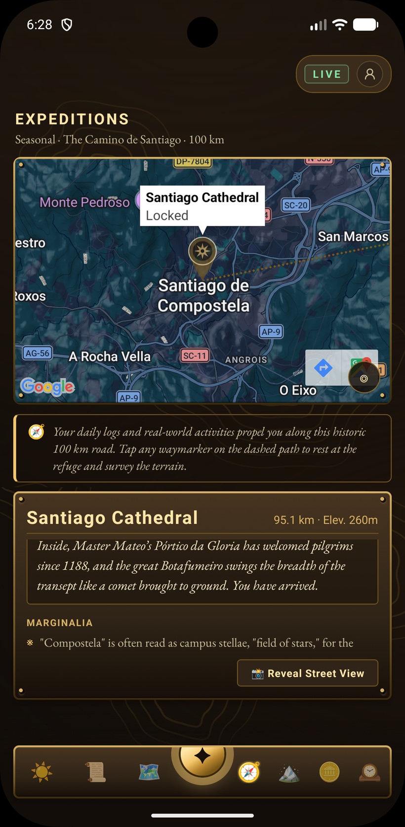The Dwell Expedition screen: a green Camino de Santiago route map with a locked Santiago Cathedral waymarker near the top, a handwritten note from the Scribe, and a literary card for Santiago Cathedral below.